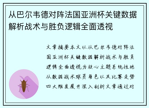 从巴尔韦德对阵法国亚洲杯关键数据解析战术与胜负逻辑全面透视